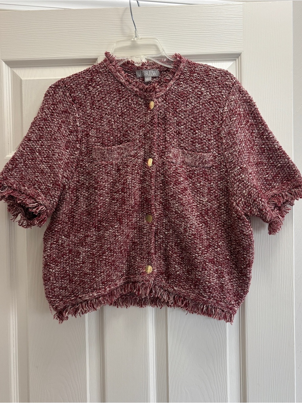 J.Crew Marled Knit Fringe Cardigan Sweater XL Burgundy Button Front - Picture 3 of 7